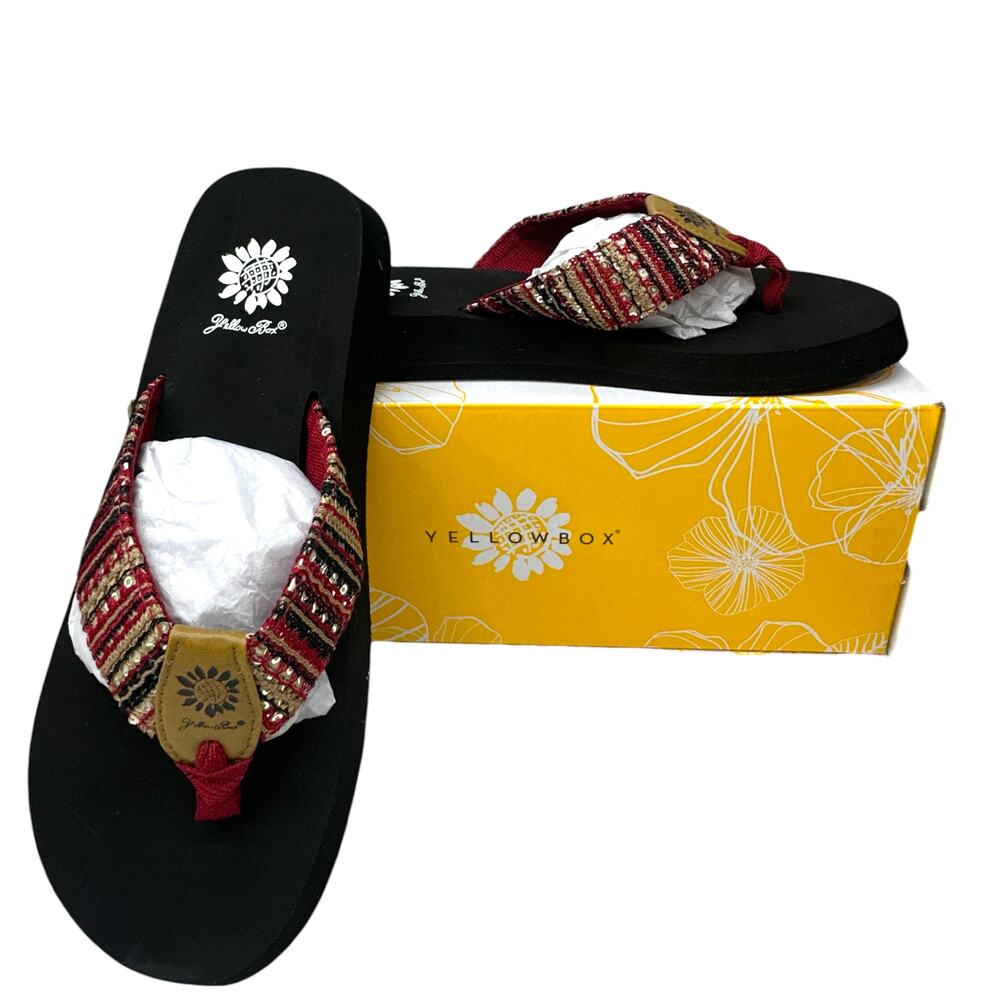 Yellow Box Oria Sequin Flop Flops Sandals Women's 7.5 Red Black Silver